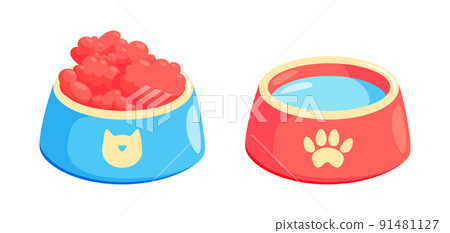 Pet bowl with food. Bowl for cat or dog for kibbles and water. Vector illustration 91481127