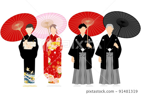 Family in kimono holding a Japanese umbrella, crested hakama and furisode, black tomesode Family in kimono holding a Japanese umbrella, crested hakama and furisode, black tomesode 91481319