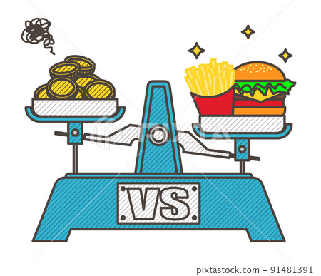 Healthy food and junk balancing on scales Vector Image