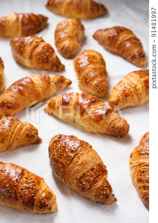 croissants on a textured white fabric croissants on a textured white fabric 91481997