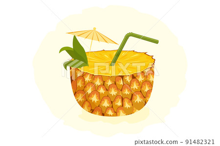 Pineapple cocktail decorated, green straw tube and yellow umbrella Pineapple cocktail decorated, green straw tube and yellow umbrella 91482321