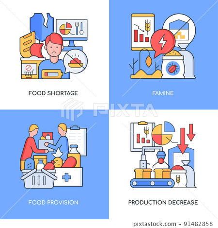 Provision and food shortage - set of line design style colorful illustrations 91482858