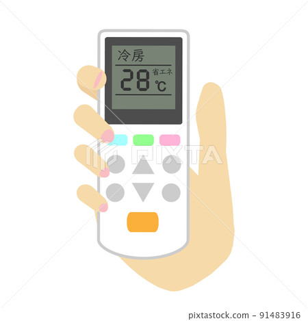 A hand that operates the remote control of the air conditioner. Summer image. Power saving measures. 91483916