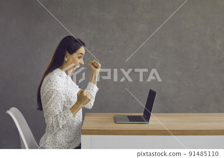 Side view of happy excited woman looking at screen of laptop computer and shouting Yes Side view of happy excited woman looking at screen of laptop computer and shouting Yes 91485110