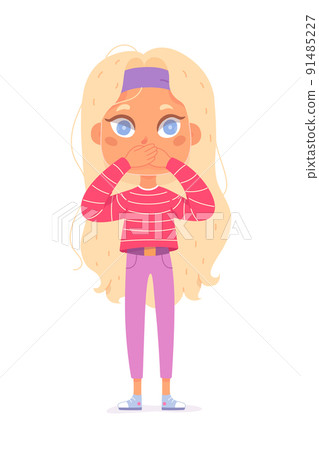 Cute girl covering mouth with hands for silence, wise child with funny secret expression 91485227