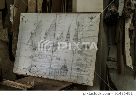 Old sailboat, compass and ancient map historical background. A concept on the topic of sea voyages, discoveries, pirates, sailors and history. 91485491
