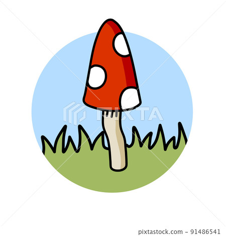 Mushroom logo in a circle with red cap. Fly agaric on the green grass. Natural scenery. 91486541