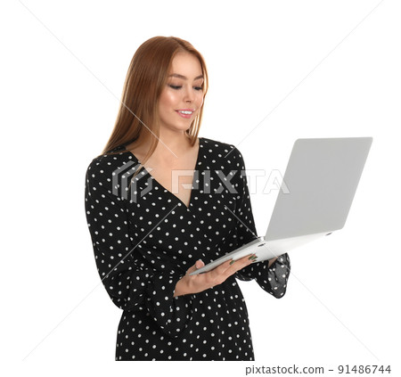Teenage girl using laptop on white background Teenage girl using laptop on white background 91486744