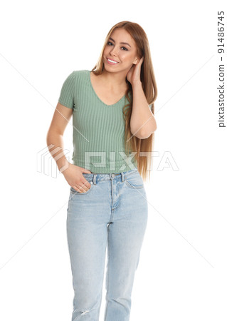 Teenage girl wearing casual outfit on white background 91486745