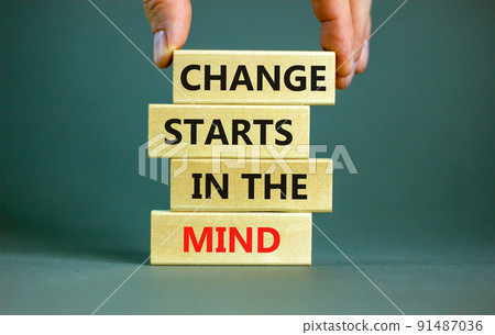 Change starts in the mind symbol. Concept words Change starts in the mind on wooden blocks on a beautiful grey table grey background. Business, motivational and change starts in the mind concept. 91487036