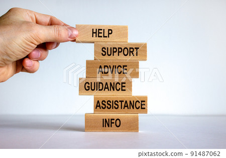 Male hand placing a block with word 'help' on top of a blocks tower with words 'support, advice, guidance, assistance, info'. Beautiful white background. Copy space. Business concept. 91487062