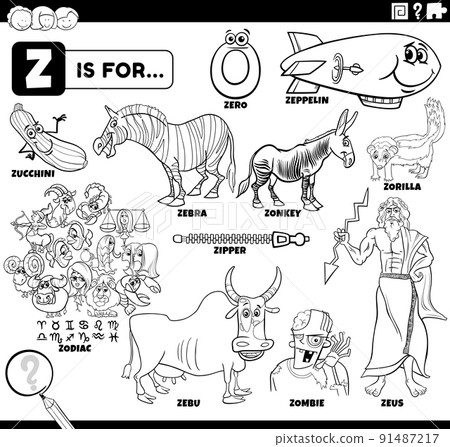 letter z words educational cartoon set coloring page 91487217
