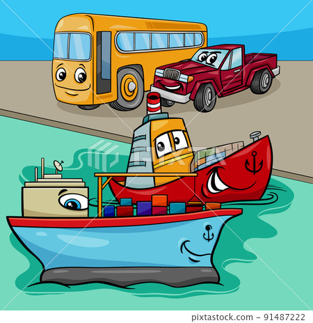 ships and land vehicles group cartoon illustration 91487222
