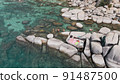 Lake Tahoe rocky shoreline. Ladies relaxing in the crystal clear water 91487500
