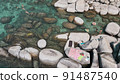 Lake Tahoe rocky shoreline. Ladies relaxing in the crystal clear water 91487540