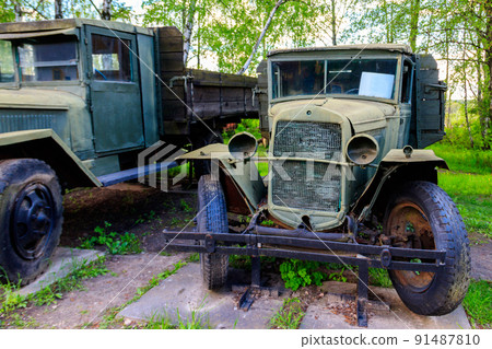Rusty soviet retro trucks in Open air Museum of Folk Architecture and Folkways of Middle Naddnipryanschina in Pereyaslav, Ukraine 91487810