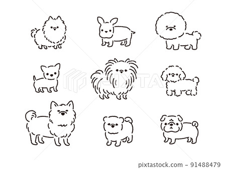 用簡單的手繪線條畫出一隻可愛的狗的黑白插圖 91488479