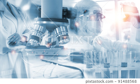 Double exposure microscope Young woman scientific using equipment in the laboratory for research.Biotechnology,development,chemical,study,vaccine,COVID-19. Photo concept experimentation and research. 91488568