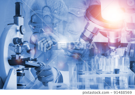 Double exposure microscope Young woman scientific using equipment in the laboratory for research.Biotechnology,development,chemical,study,vaccine,COVID-19. Photo concept experimentation and research. 91488569
