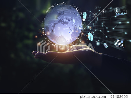 Hand holding circle network communication technology for global.Data in the global computer social.telecommunication,earth cryptocurrency.photo modern technology and communication concept. 91488603