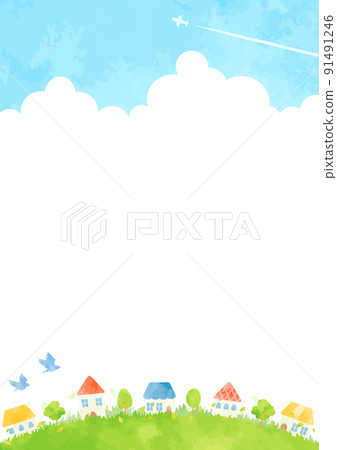 Landscape illustration of hills, cityscape and blue sky 91491246
