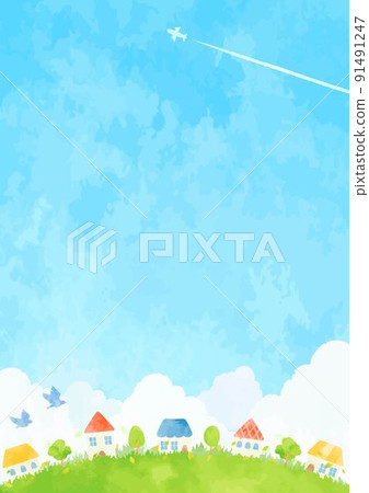 Hand-painted cityscape illustration on a hill 91491247
