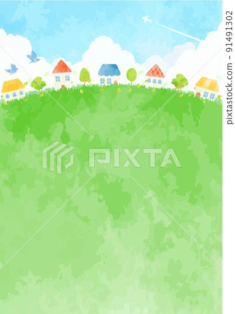 Green hand-painted cityscape illustration 91491302