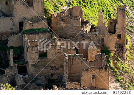 top view of the ruins of the buildings of the uninhabited village of Gamsutl in Dagestan top view of the ruins of the buildings of the uninhabited village of Gamsutl in Dagestan 91492258