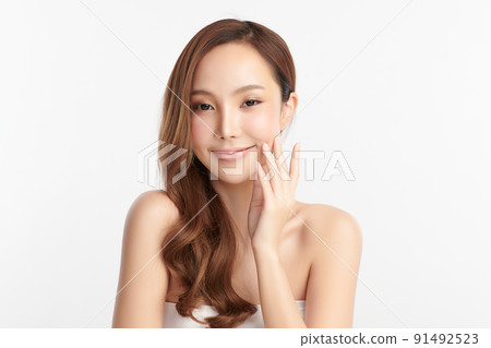 Beautiful young asian woman with clean fresh skin on white background, Face care, Facial treatment, Cosmetology, beauty and spa, Asian women portrait. 91492523