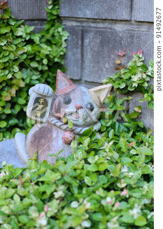 A statue of a beckoning cat with 10 million oval coins buried in a plant 91492677