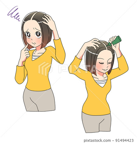 使用頭髮恢復劑患有頭髮稀疏的女性的插圖 91494423