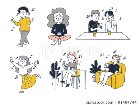 A set of people who enjoy music and bgm on podcasts Comical handwritten material Vector, warm line drawing A set of people who enjoy music and bgm on podcasts Comical handwritten material Vector, warm line drawing 91494744