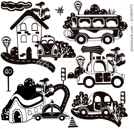 Set black and white composition with of different types transport, traffic signs, tree and other. Icon for your design. Vector illustration Set black and white composition with of different types transport, traffic signs, tree and other. Icon for your design. Vector illustration 91495975