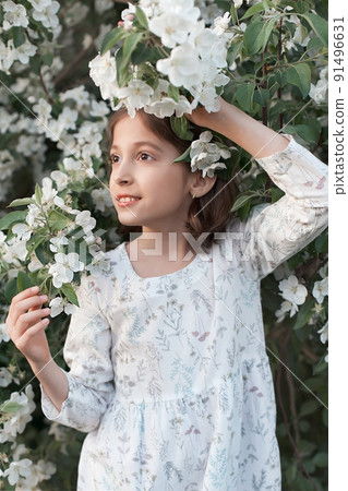 Portrait of a beautiful little girl in a light dress near a blooming apple tree. petals of a white apple tree. spring day 91496631