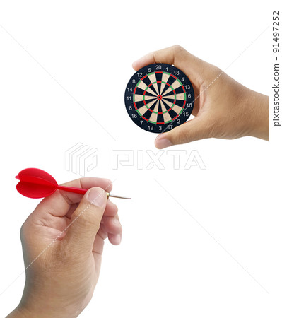 Human hand throwing darts, Male hand target holding a dart board. Idea concept business Human hand throwing darts, Male hand target holding a dart board. Idea concept business 91497252