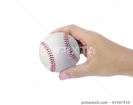 Baseball in hand on white background 91497439