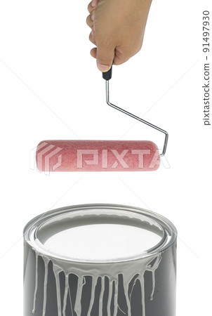 open, painted bucket and paint roller on a white backdrop open, painted bucket and paint roller on a white backdrop 91497930