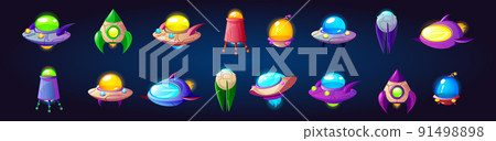 Alien spaceship, ufo game icons vector set. Alien spaceship, ufo game icons vector set. 91498898