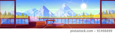 House terrace with couch and table on lake shore House terrace with couch and table on lake shore 91498899