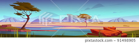 African savannah with river and acacia trees 91498905