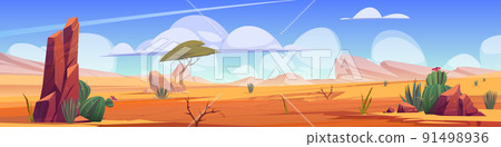 Hot desert landscape with sand, cactuses, rocks Hot desert landscape with sand, cactuses, rocks 91498936