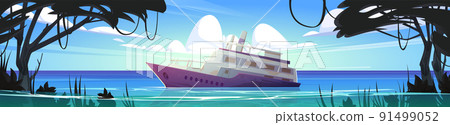 Sunken cruise ship in ocean near tropical island Sunken cruise ship in ocean near tropical island 91499052