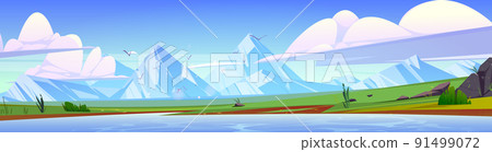 Summer landscape with lake, fields and mountains Summer landscape with lake, fields and mountains 91499072