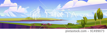 Summer landscape with lake, fields and mountains Summer landscape with lake, fields and mountains 91499073