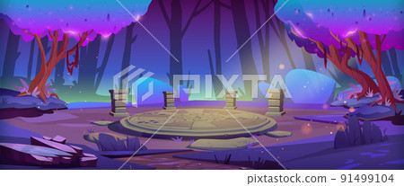 Magic forest with round stone altar at night Magic forest with round stone altar at night 91499104