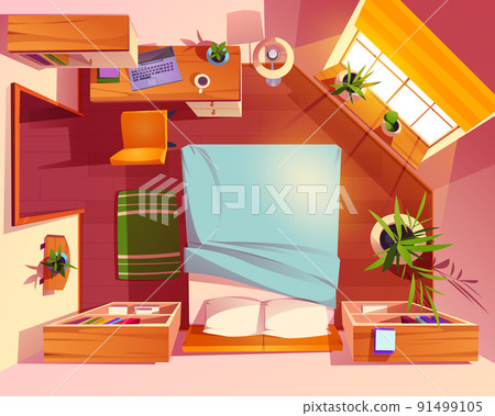 Top view of bedroom interior with bed Top view of bedroom interior with bed 91499105