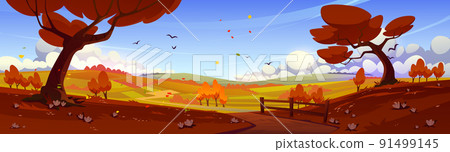 Autumn rural landscape with orange trees, fields Autumn rural landscape with orange trees, fields 91499145