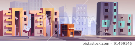 Destroyed city buildings after disaster, war view Destroyed city buildings after disaster, war view 91499146