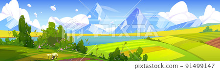 Summer landscape with lake, fields and mountains Summer landscape with lake, fields and mountains 91499147