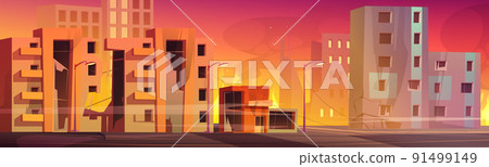 Destroyed city street with broken houses and fire Destroyed city street with broken houses and fire 91499149